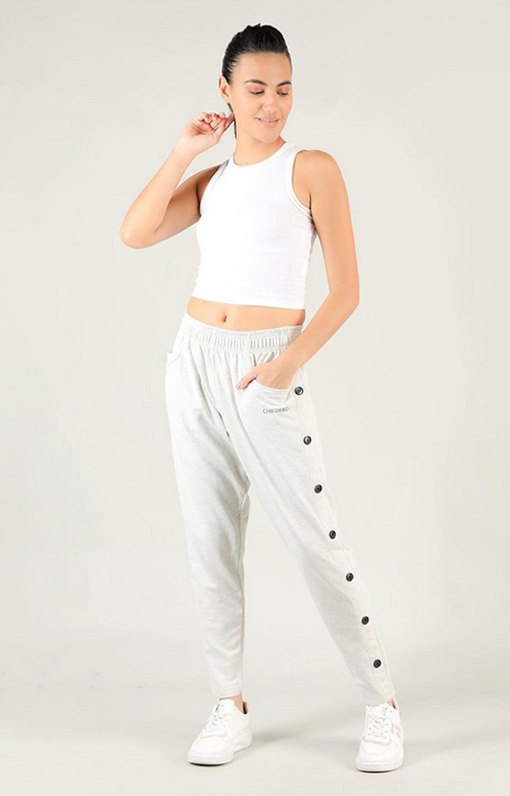 Women's Light Grey Solid Cotton Trackpant