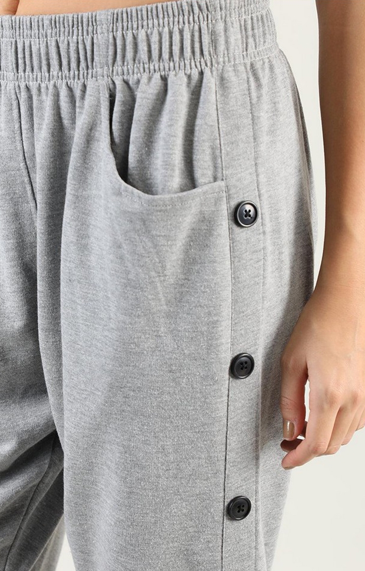 Women's Light Grey Melange Textured Cotton Trackpant