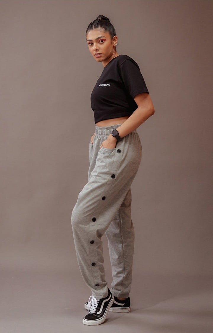 Women's Light Grey Melange Textured Cotton Trackpant