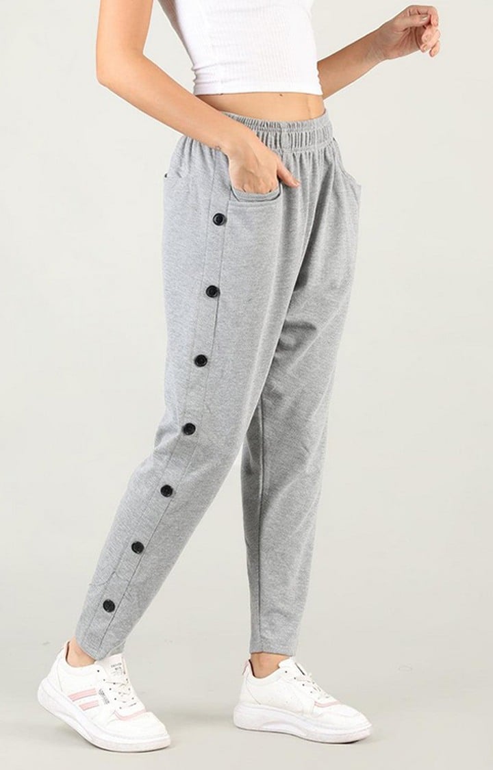 Women's Light Grey Melange Textured Cotton Trackpant