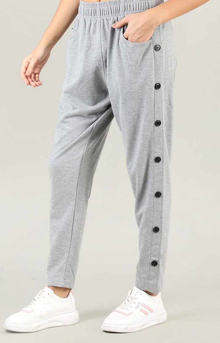 Women's Light Grey Melange Textured Cotton Trackpant