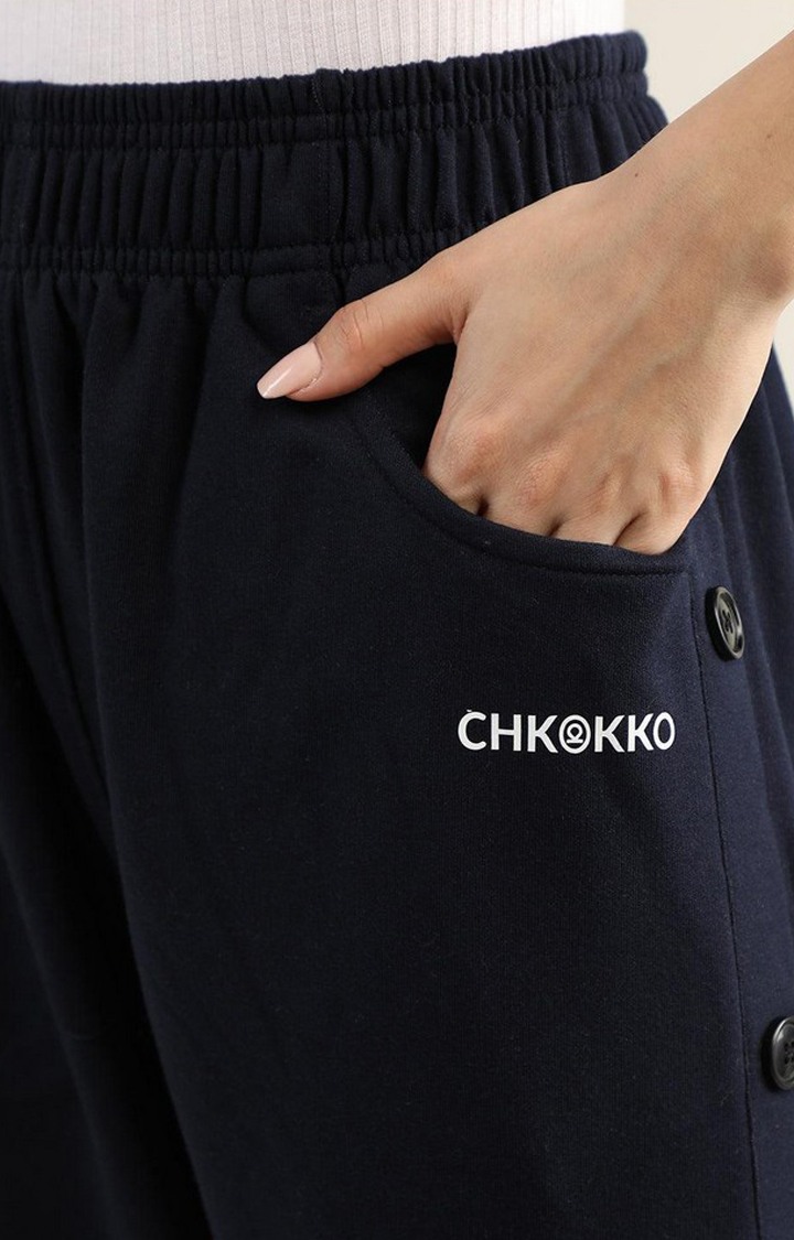 Women's Navy Blue Solid Cotton Trackpant