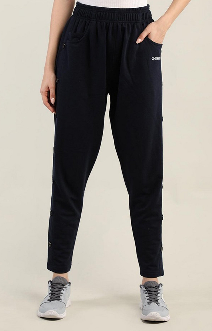 Women's Navy Blue Solid Cotton Trackpant