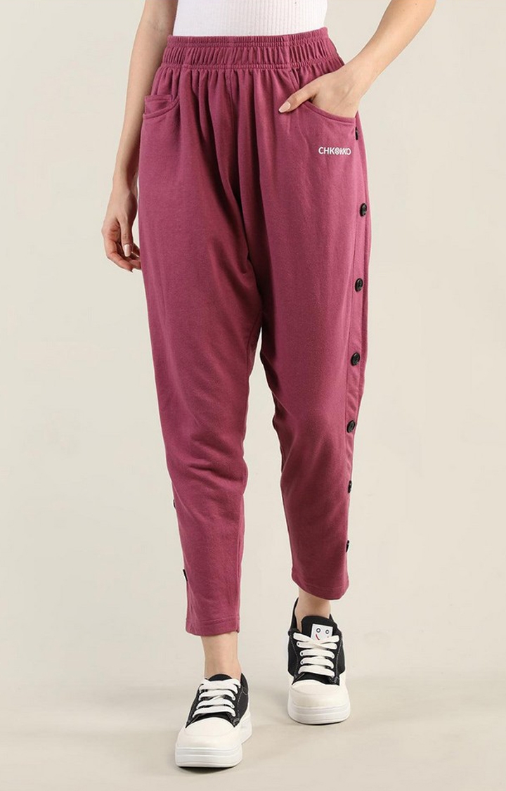 CHKOKKO | Women's Pink Solid Cotton Trackpant