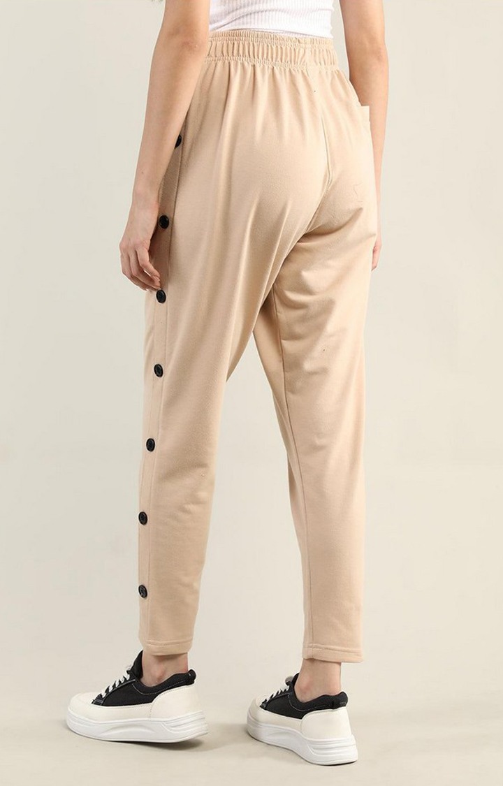 Women's Beige Solid Cotton Trackpant