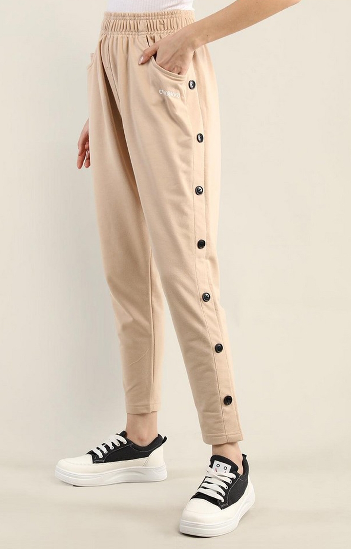 Women's Beige Solid Cotton Trackpant