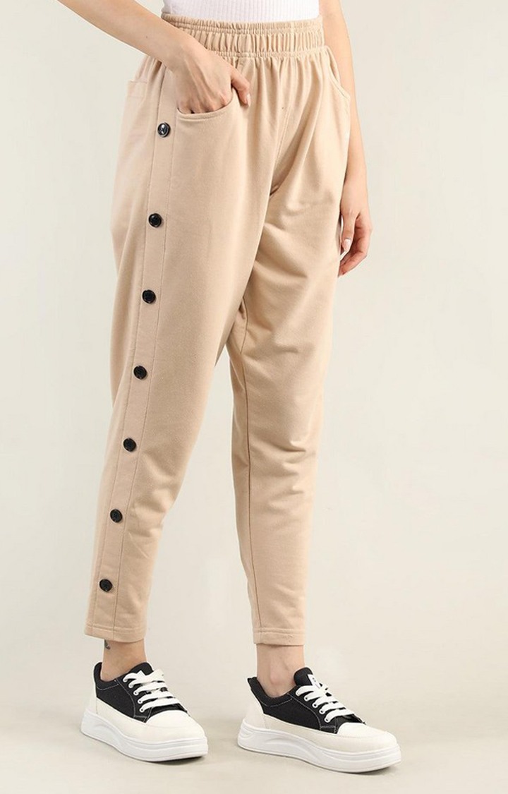 Women's Beige Solid Cotton Trackpant