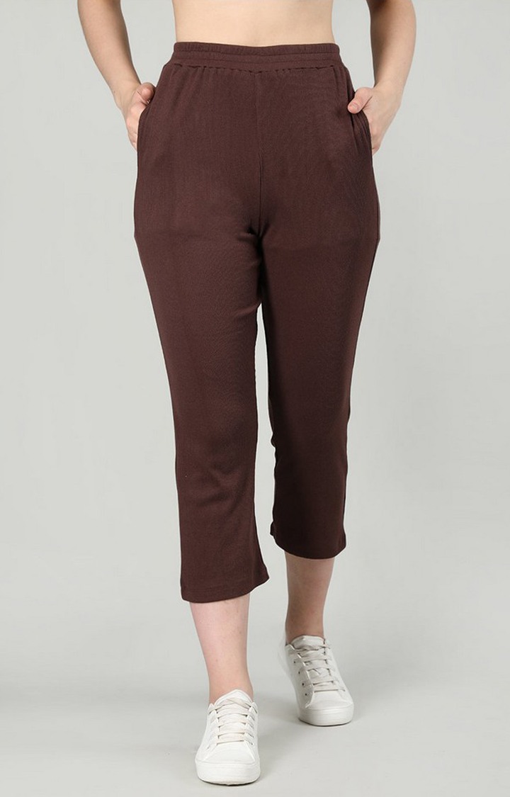 Women's Brown Solid Cotton Trackpant
