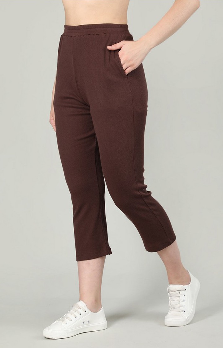 Women's Brown Solid Cotton Trackpant