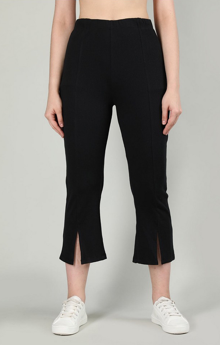 Women's Black Solid Cotton Trackpant