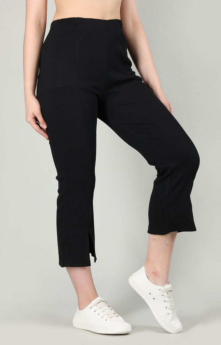 Women's Black Solid Cotton Trackpant