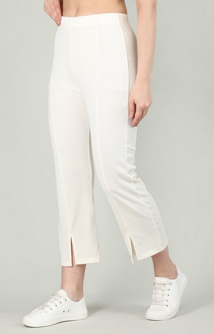 Women's Cream White Solid Cotton Trackpant