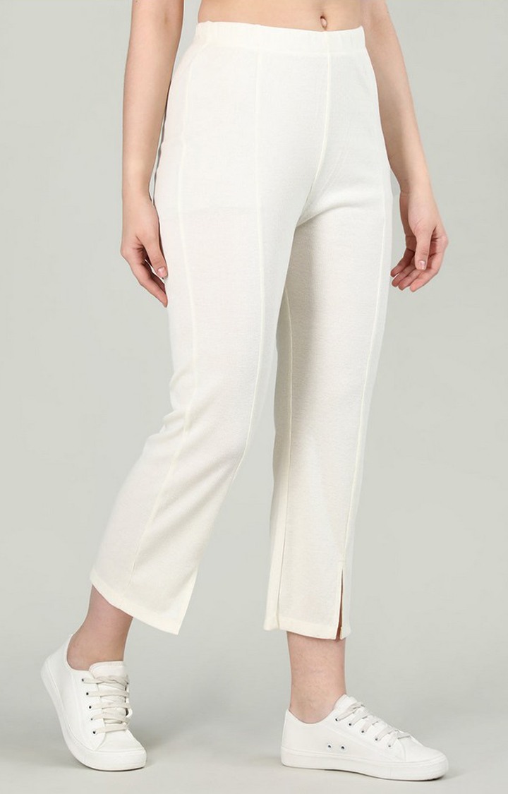 Women's Cream White Solid Cotton Trackpant