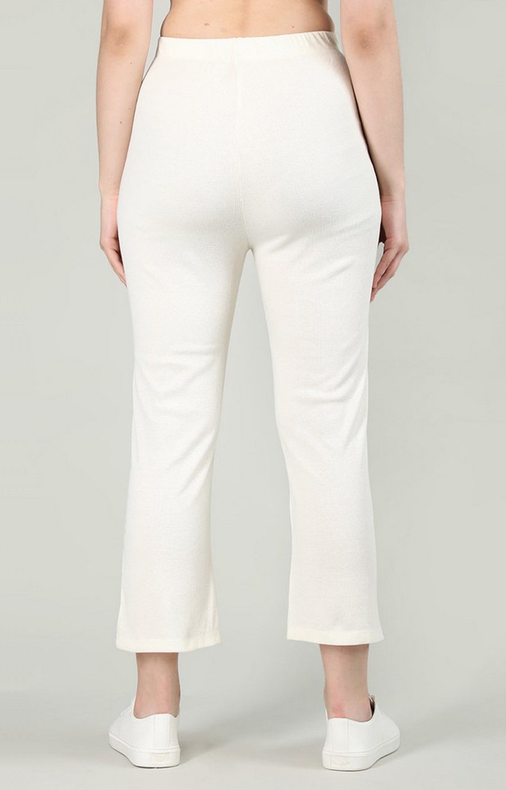 Women's Cream White Solid Cotton Trackpant