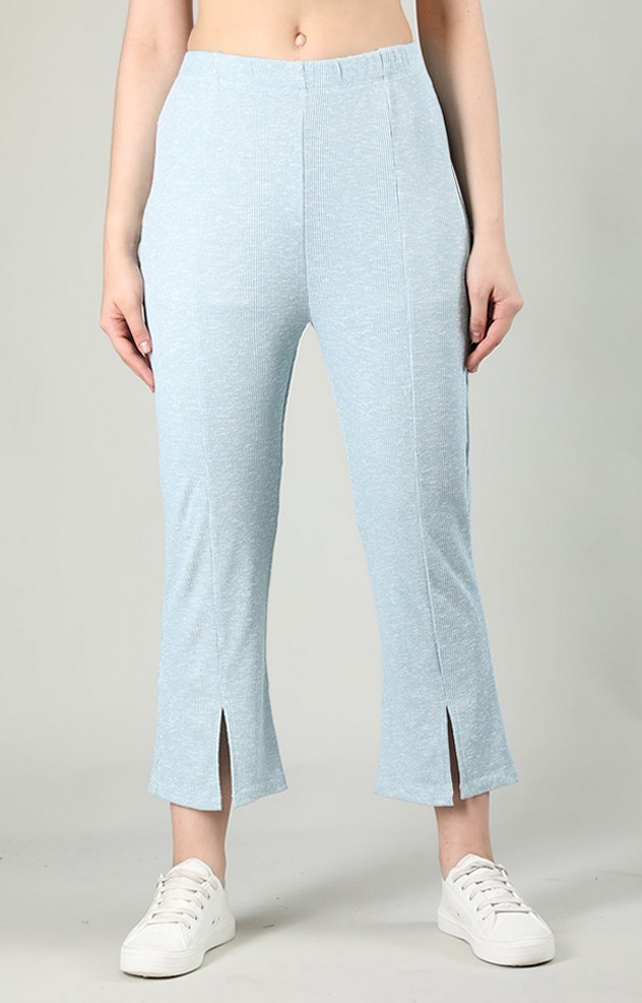 Women's Ice Blue Solid Cotton Trackpant