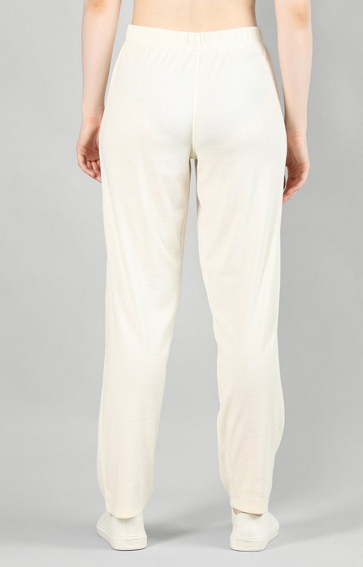 Women's Cream White Solid Cotton Trackpant