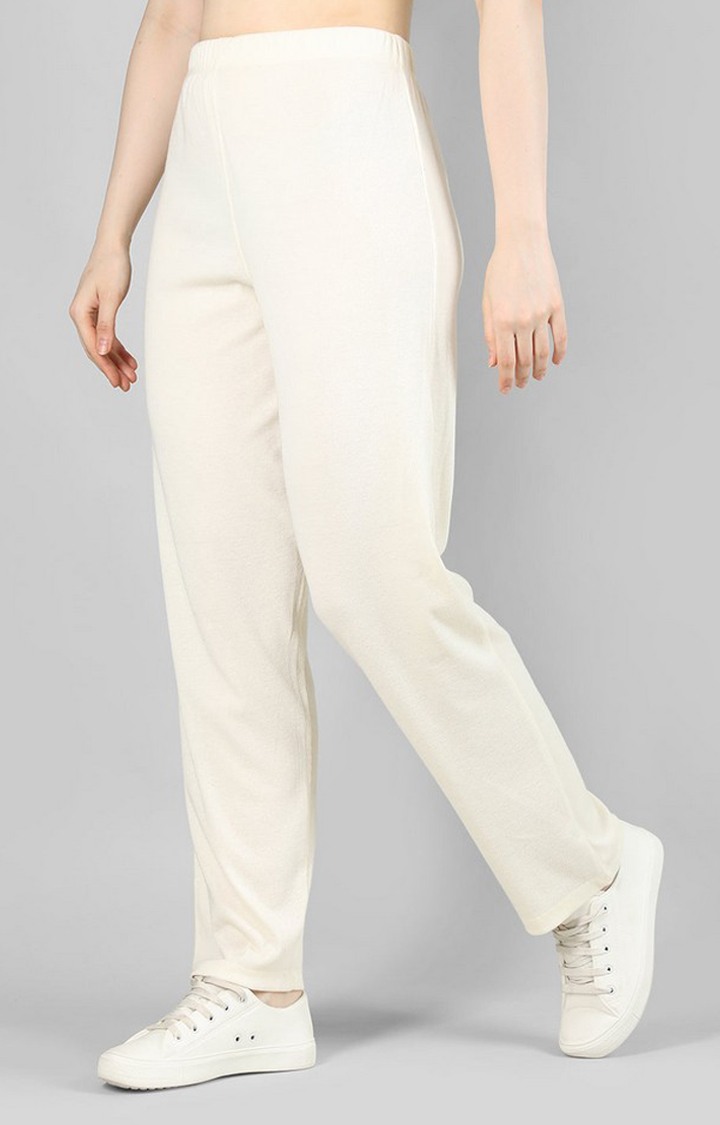 Women's Cream White Solid Cotton Trackpant