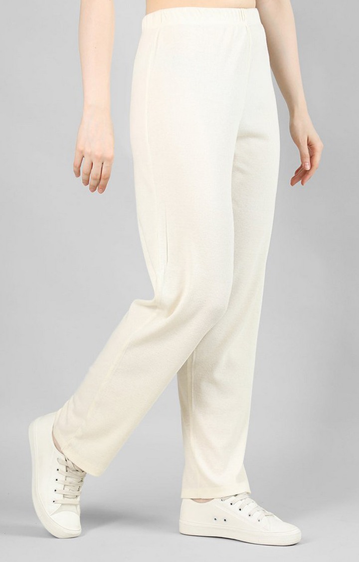 Women's Cream White Solid Cotton Trackpant