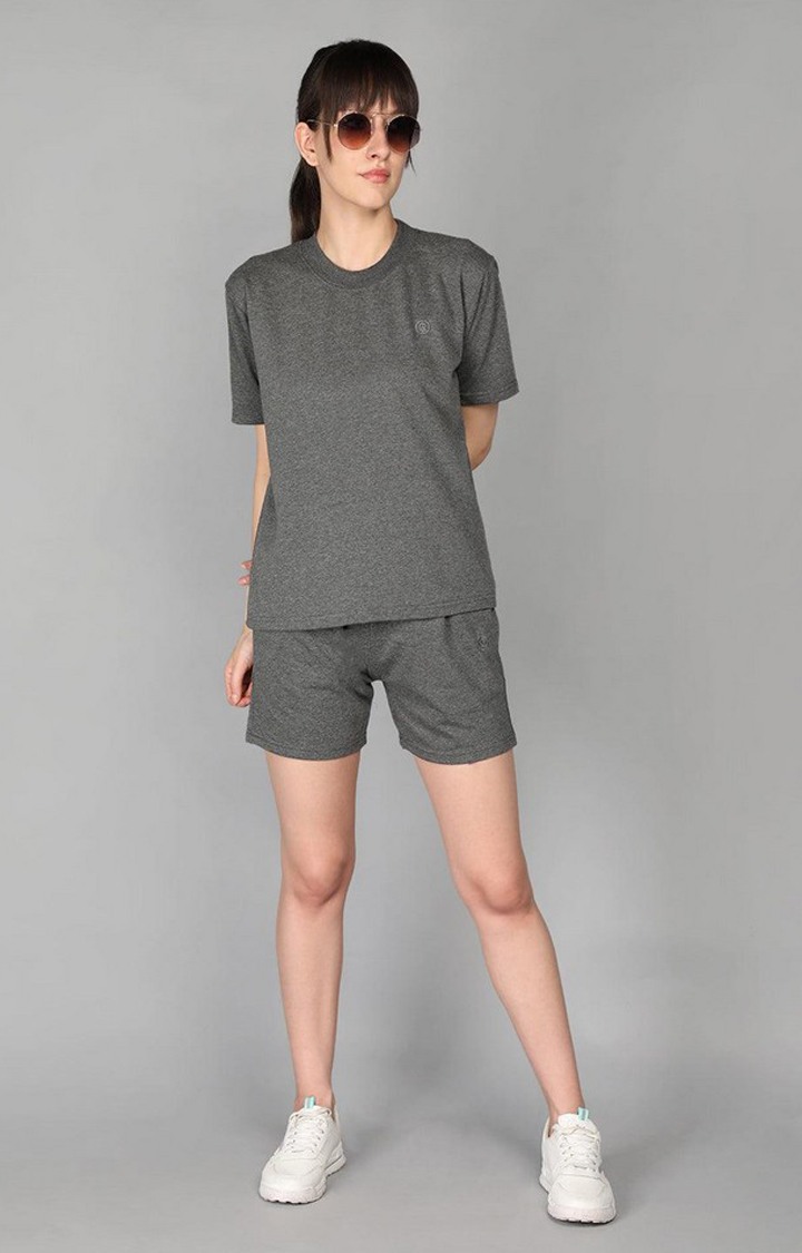 Women's Grey Melange Textured Cotton Activewear Shorts