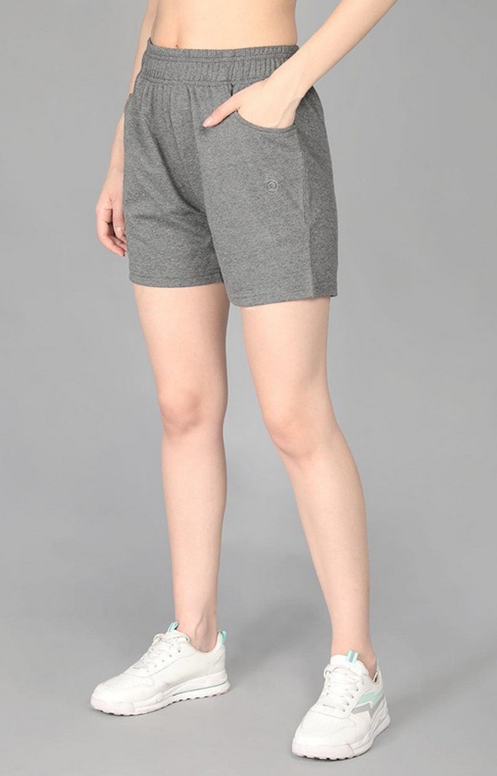 Women's Grey Melange Textured Cotton Activewear Shorts