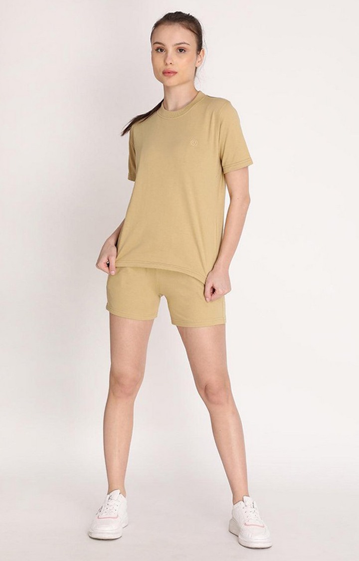 Women's Beige Solid Cotton Activewear Shorts