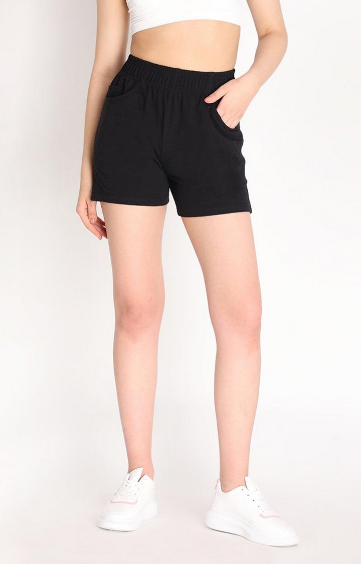 CHKOKKO | Women's Black Solid Cotton Activewear Shorts