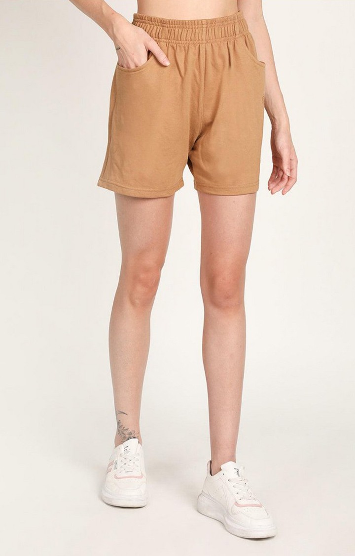 Women's Brown Solid Cotton Activewear Shorts