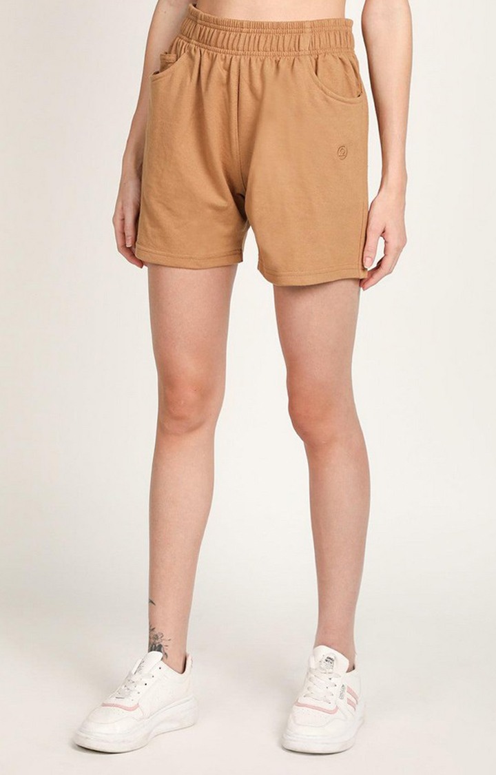 Women's Brown Solid Cotton Activewear Shorts