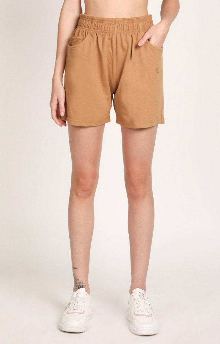 CHKOKKO | Women's Brown Solid Cotton Activewear Shorts