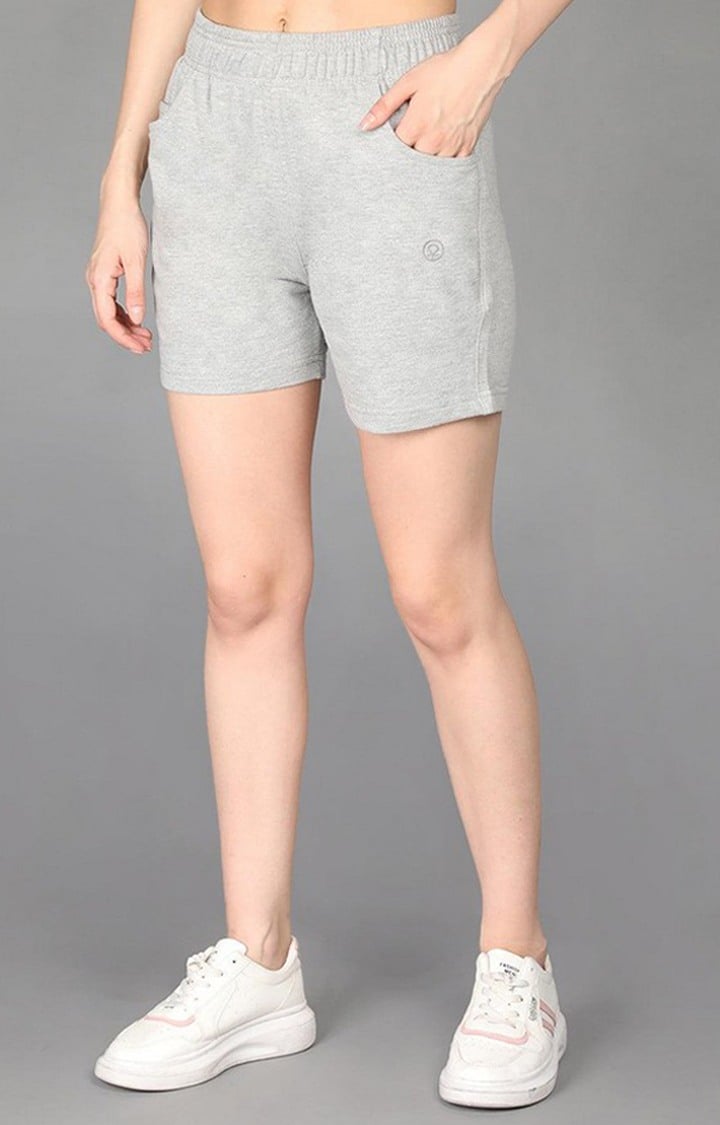 Women's Grey Melange Textured Cotton Activewear Shorts