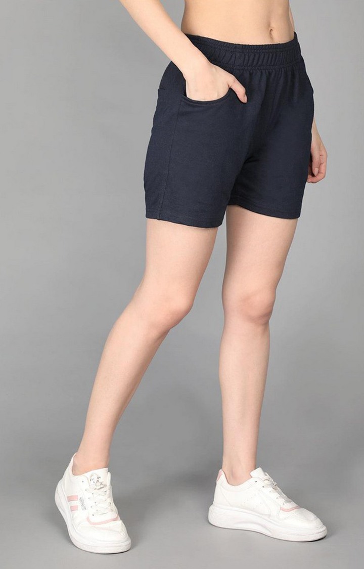 Women's Navy Blue Solid Cotton Activewear Shorts