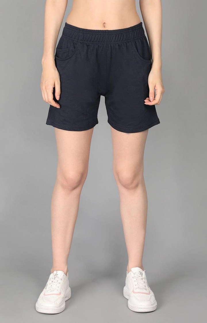 CHKOKKO | Women's Navy Blue Solid Cotton Activewear Shorts