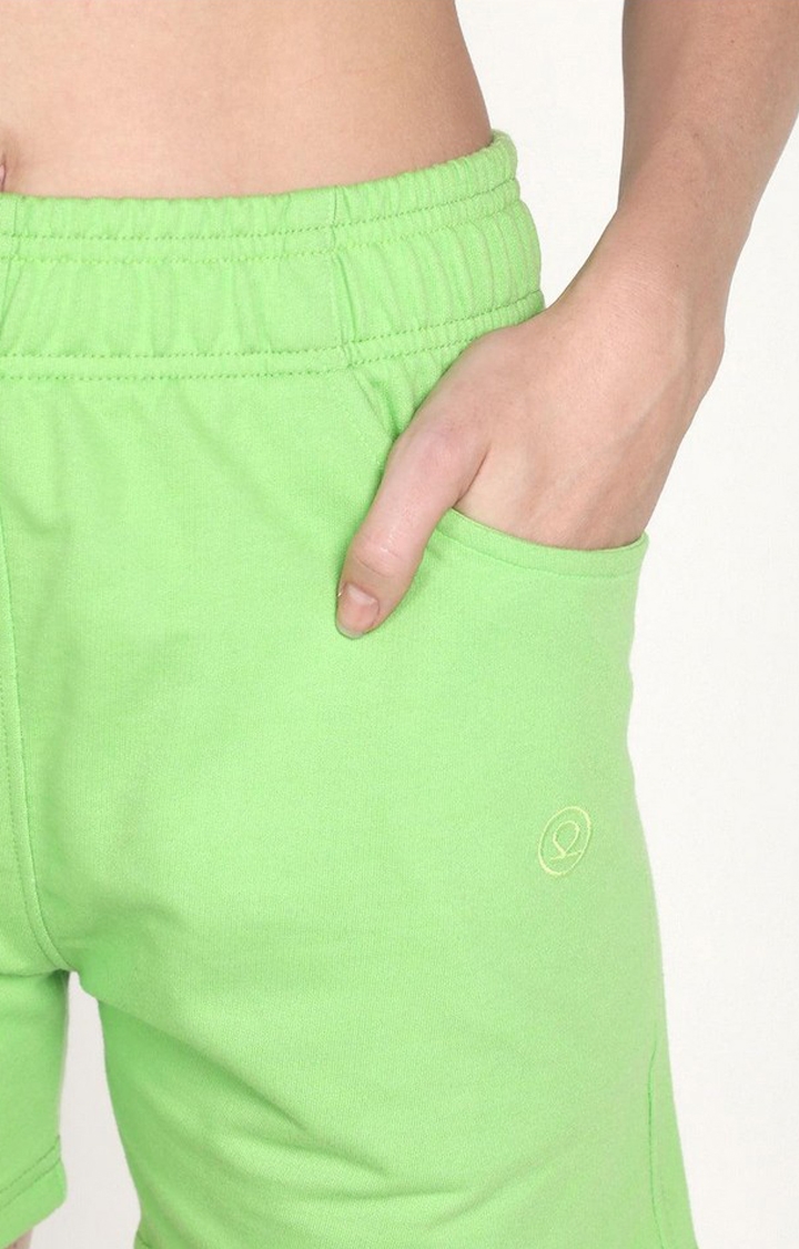Women's Neon Green Solid Cotton Activewear Shorts