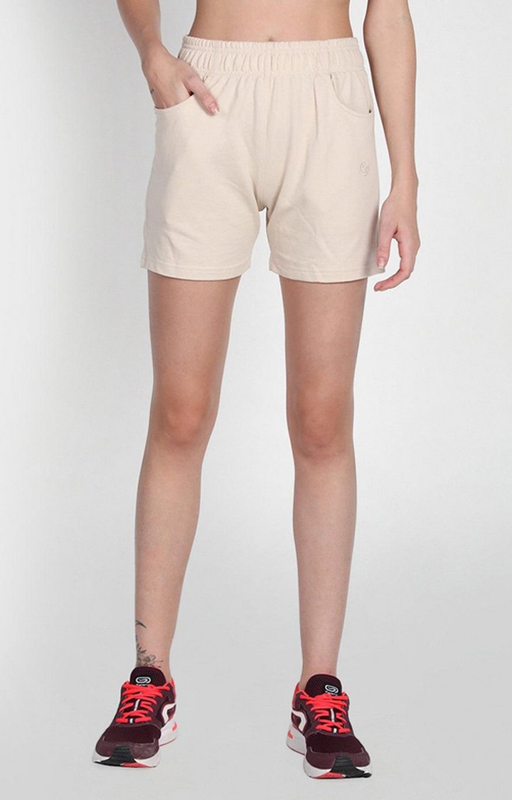 Women's Beige Solid Cotton Activewear Shorts