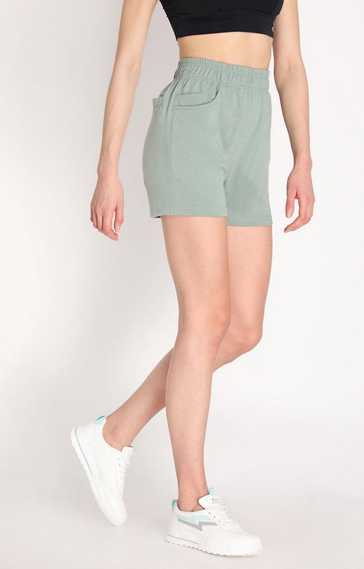 Women's Green Solid Cotton Activewear Shorts