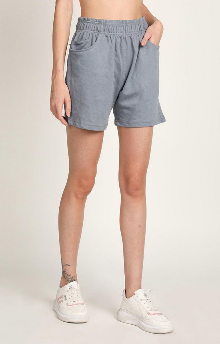 Women's Grey Solid Cotton Activewear Shorts