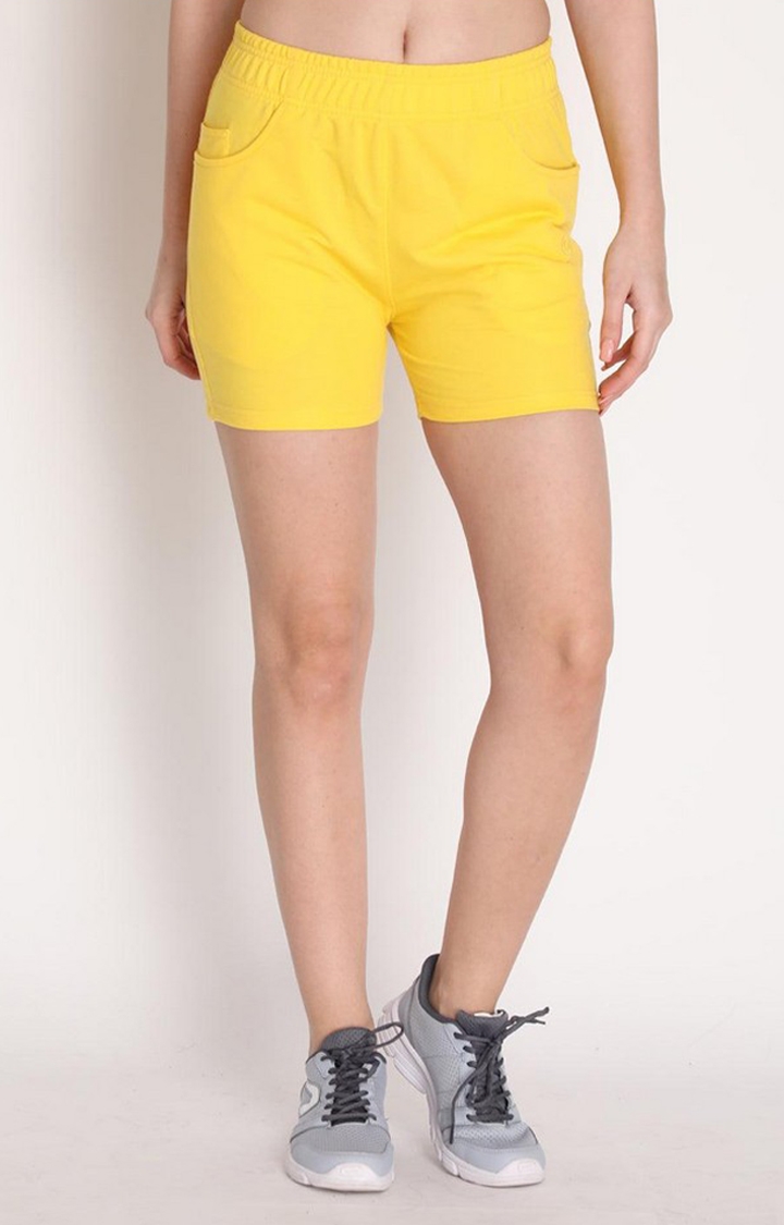 Women's Yellow Solid Cotton Activewear Shorts