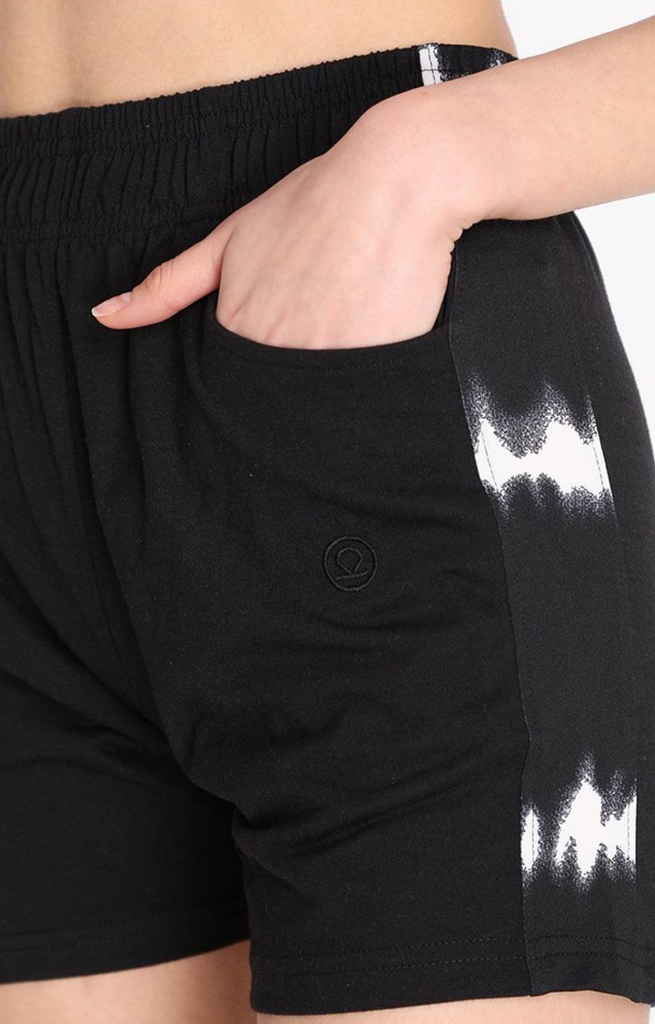 Women's Black Printed Cotton Activewear Shorts