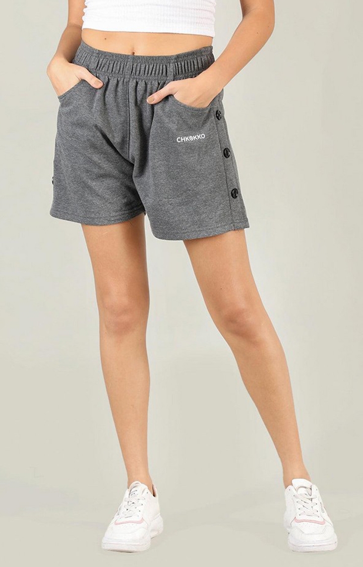 CHKOKKO | Women's Grey Melange Textured Cotton Activewear Shorts