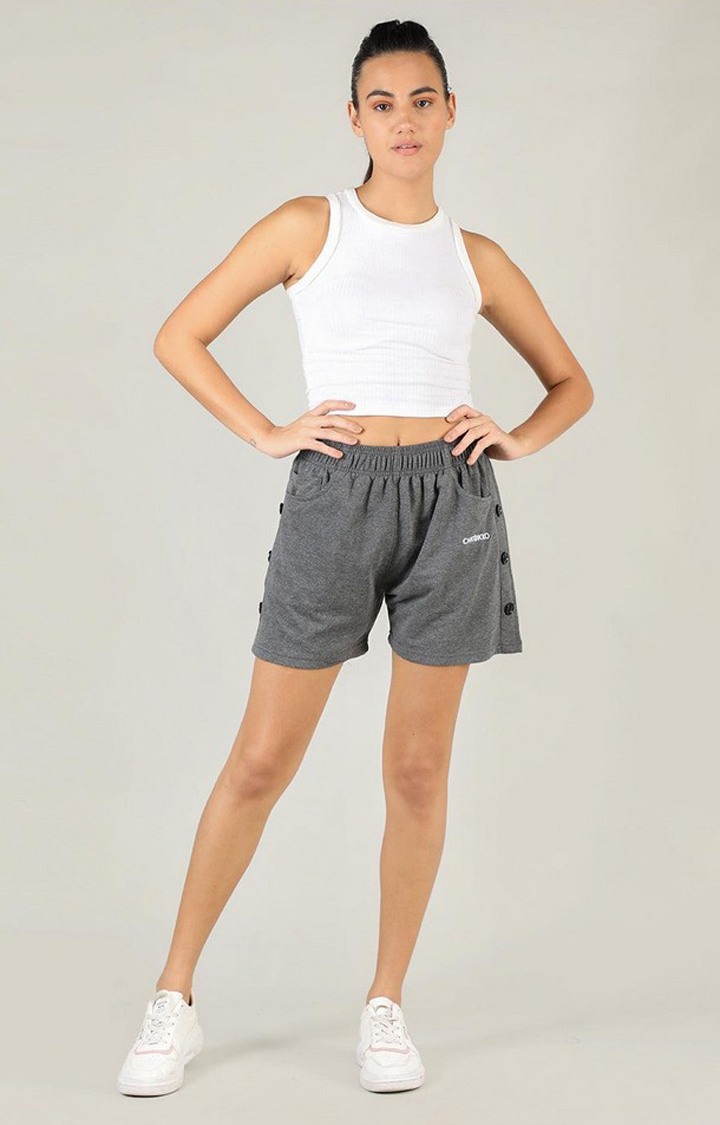 Women's Grey Melange Textured Cotton Activewear Shorts