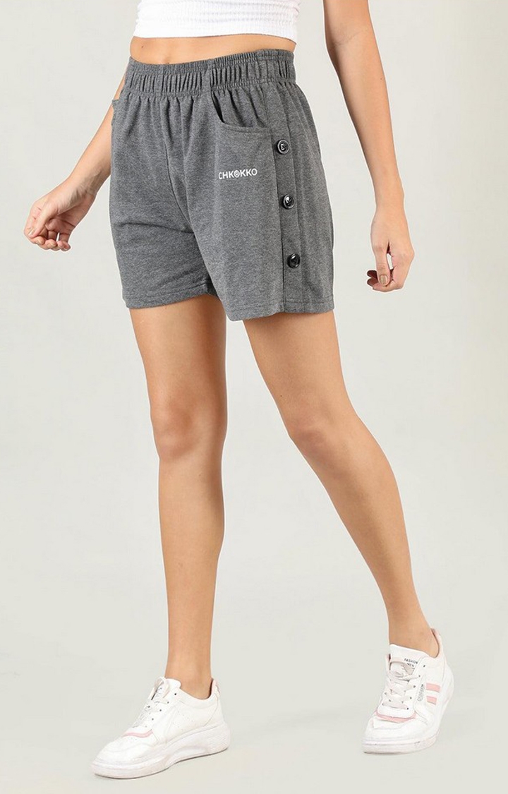 Women's Grey Melange Textured Cotton Activewear Shorts
