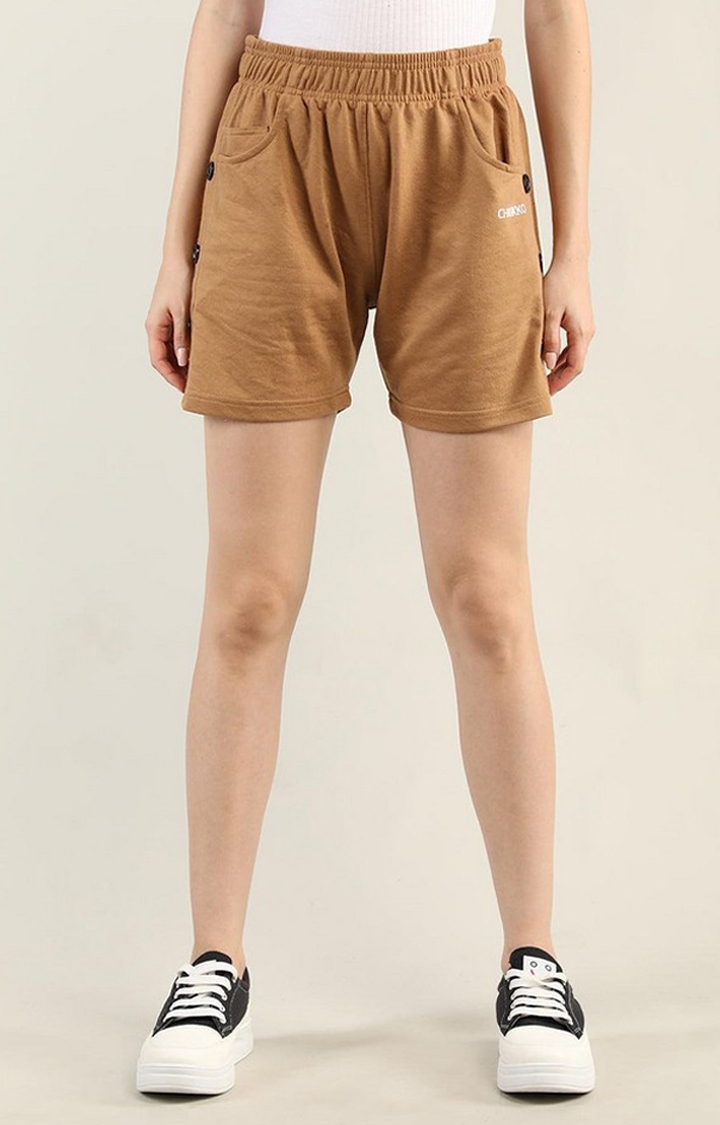 CHKOKKO | Women's Brown Solid Cotton Activewear Shorts