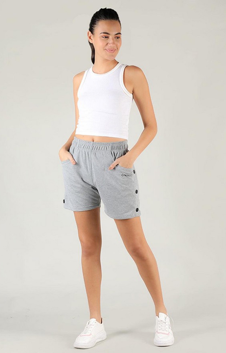 Women's Light Grey Melange Textured Cotton Activewear Shorts