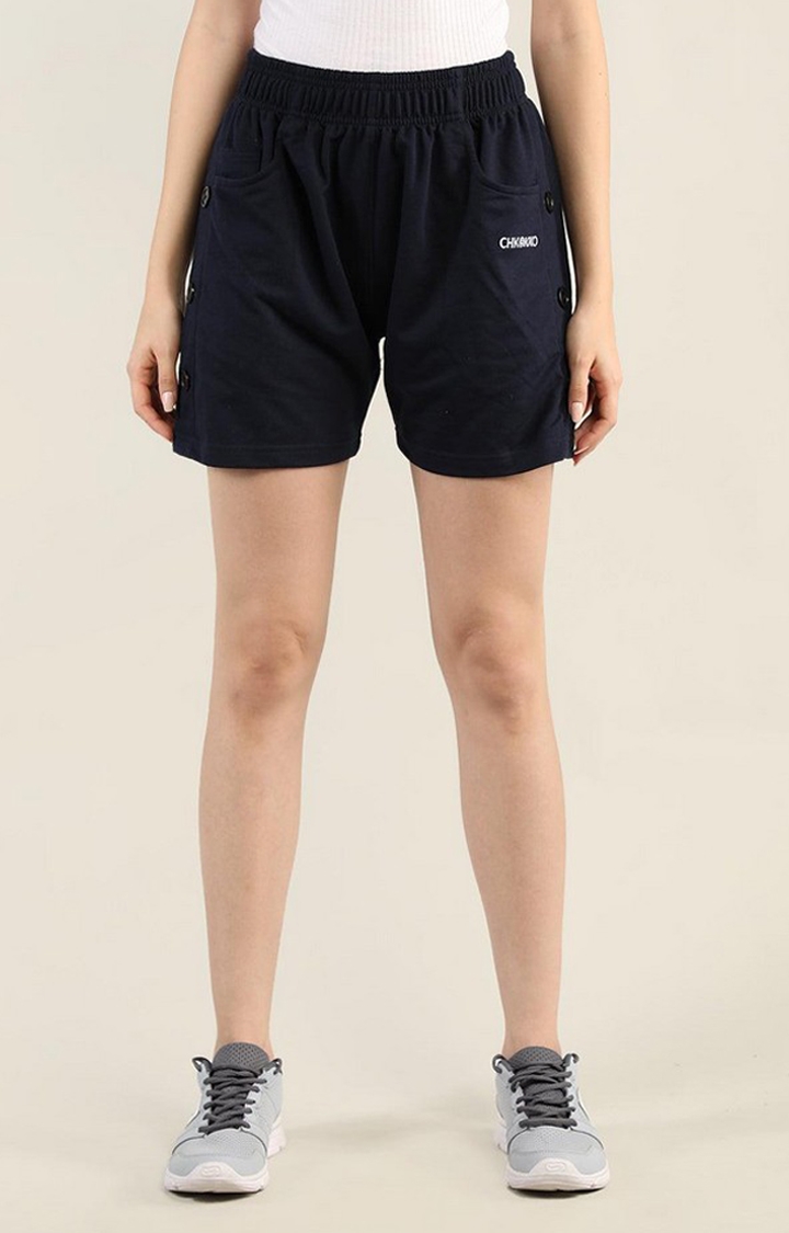 CHKOKKO | Women's Navy Blue Solid Cotton Activewear Shorts