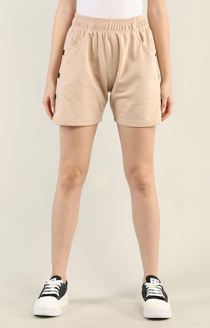 CHKOKKO | Women's Beige Solid Cotton Activewear Shorts