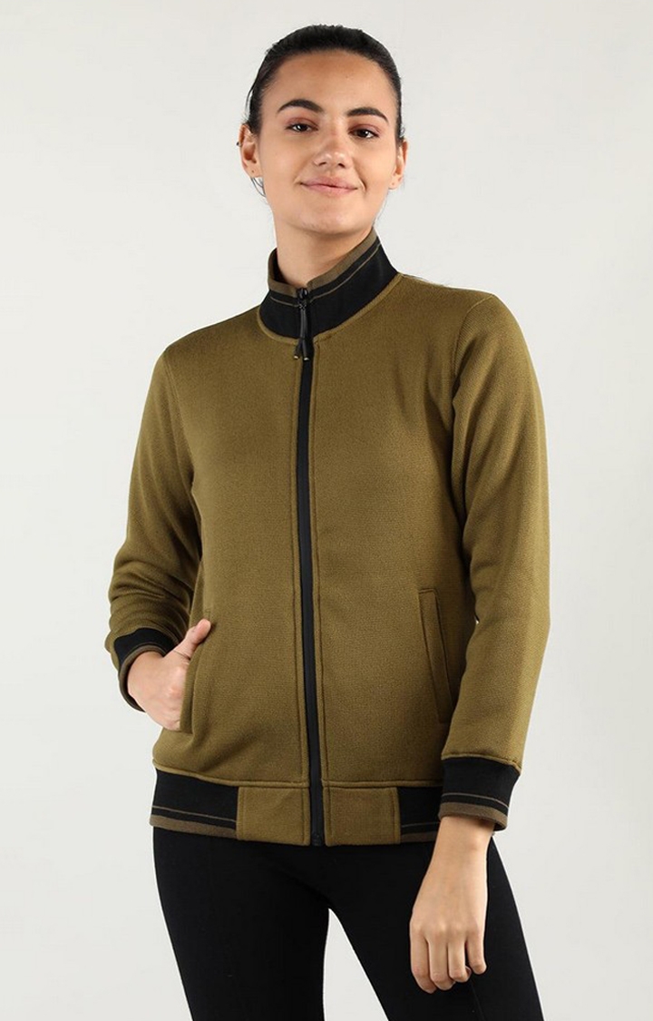 CHKOKKO | Women's Olive Green Solid Wool Sweatshirts