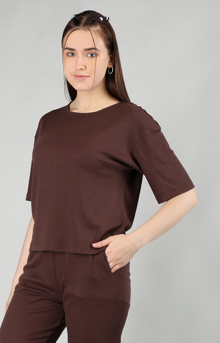 Women's Brown Solid Cotton Oversized T-Shirt