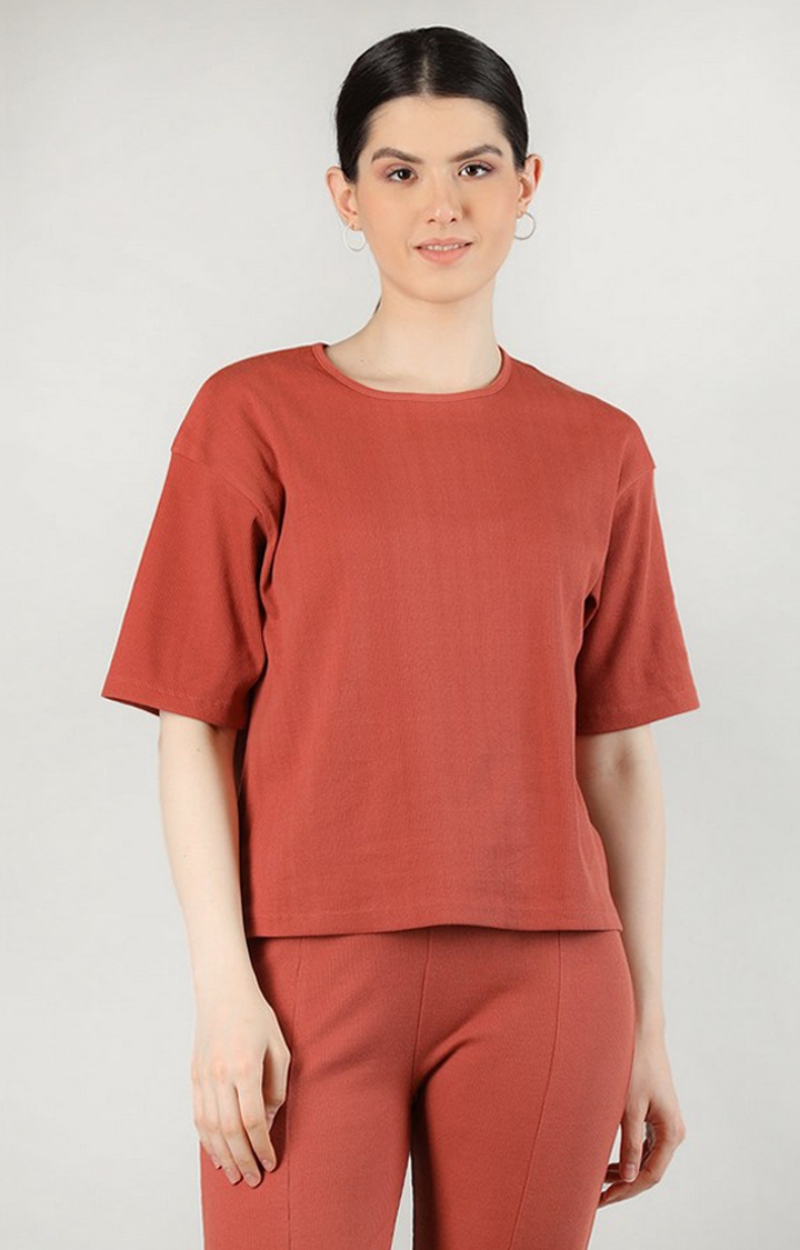 CHKOKKO | Women's Rust Solid Cotton Oversized T-Shirt