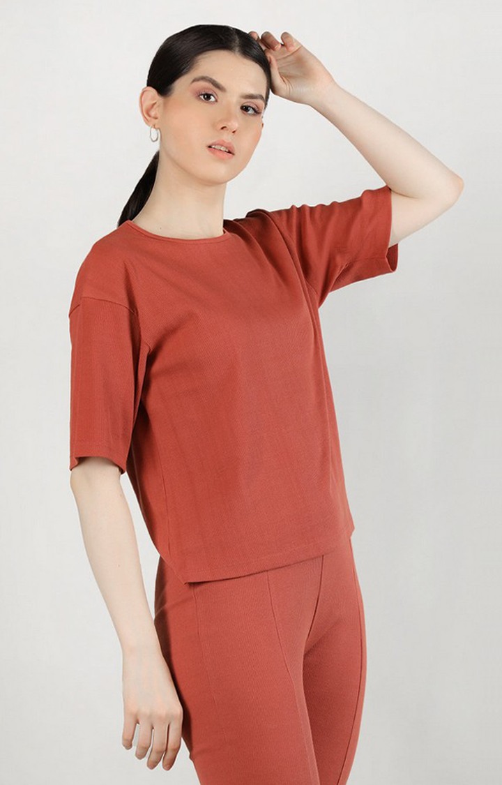 Women's Rust Solid Cotton Oversized T-Shirt