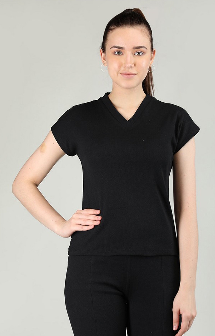 Women's Black Solid Cotton Regular T-Shirt
